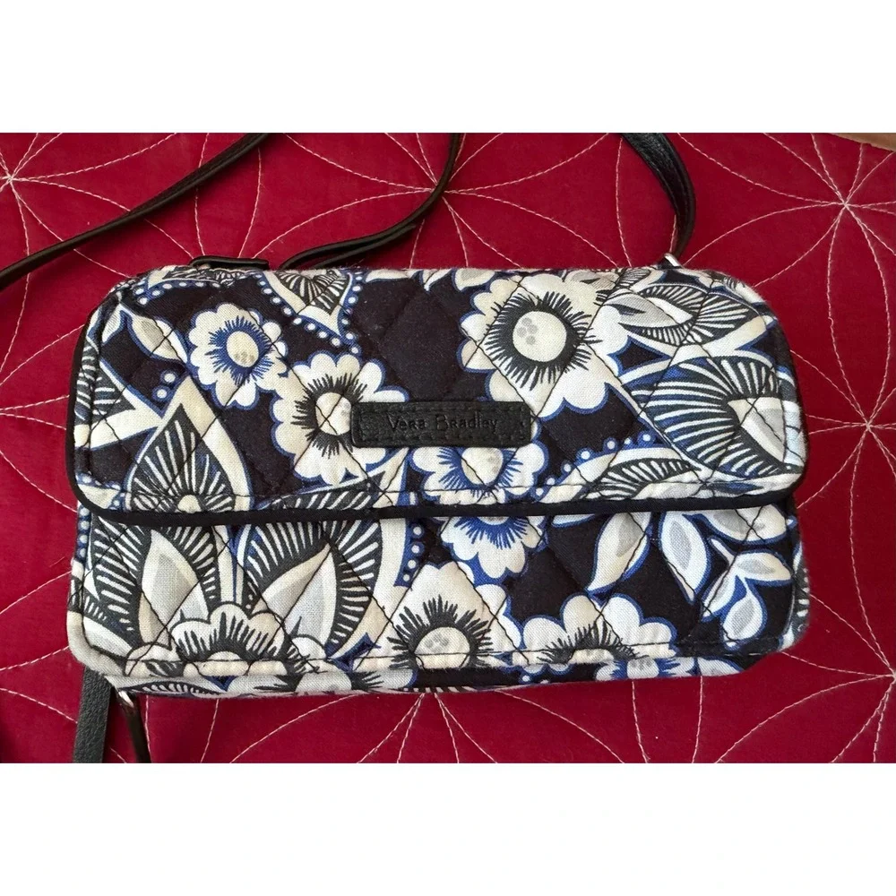 Vera Bradley RFID All In One Crossbody Wallet Bag Blue Black Floral Quilted